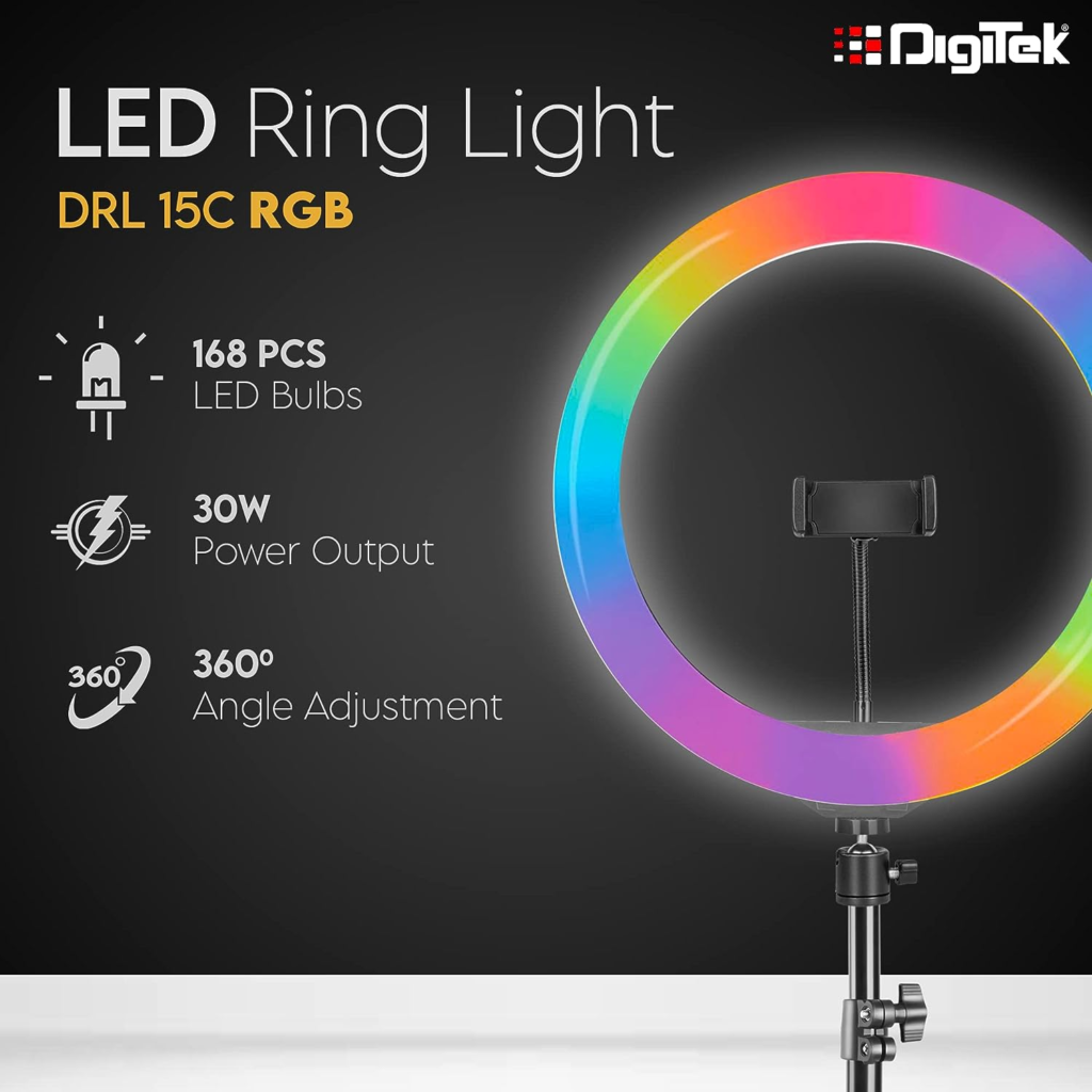 DIGITEK® (DRL-15C RGB) LED RGB Ring Light with Stand for YouTube, Photo-Shoot, Video Shoot, Live Stream, Makeup & More, Compatible with  RGB